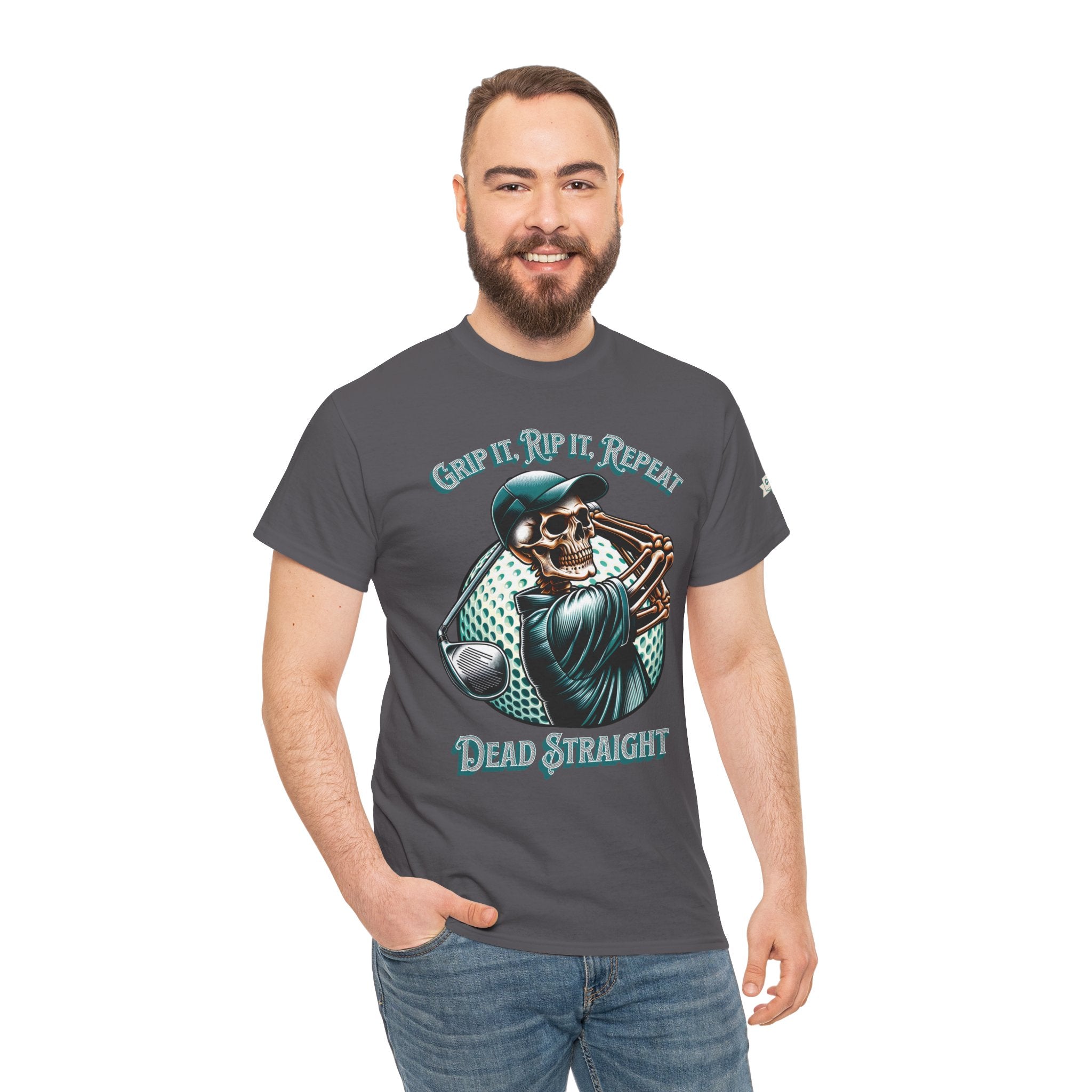 Skeleton Golf Tee — "Dead Straight, Grip It, Rip It, Repeat" Graphic T-Shirt