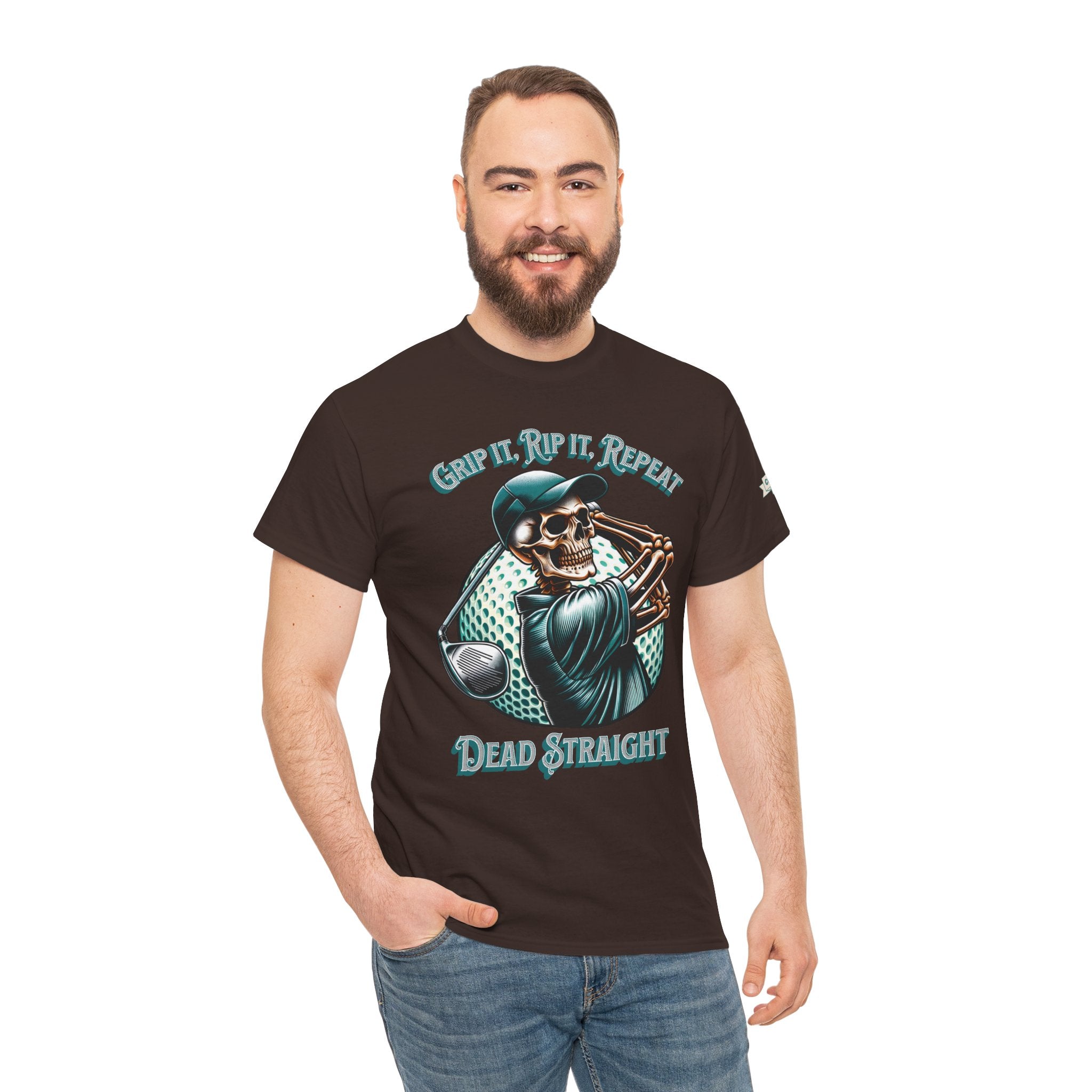 Skeleton Golf Tee — "Dead Straight, Grip It, Rip It, Repeat" Graphic T-Shirt