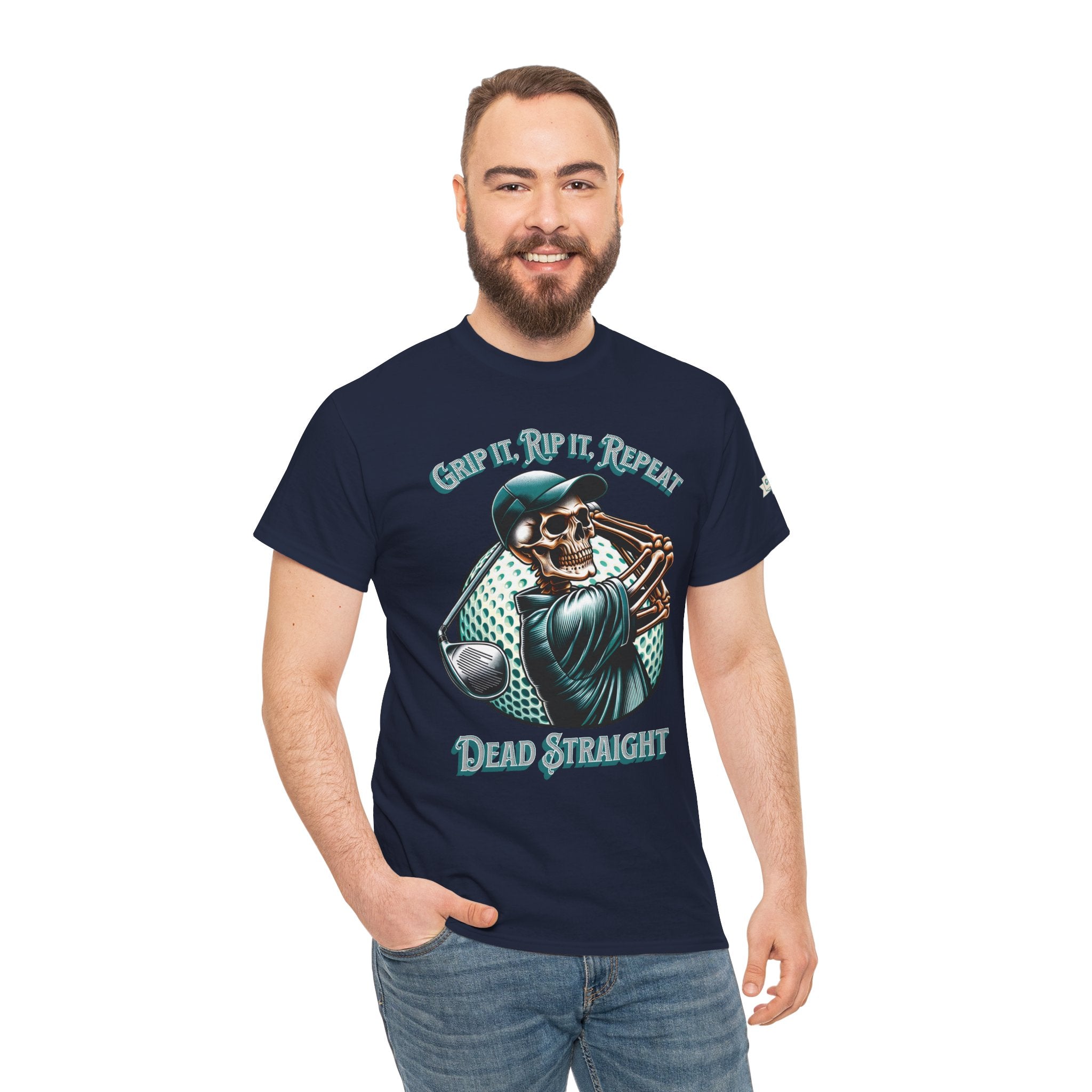 Skeleton Golf Tee — "Dead Straight, Grip It, Rip It, Repeat" Graphic T-Shirt