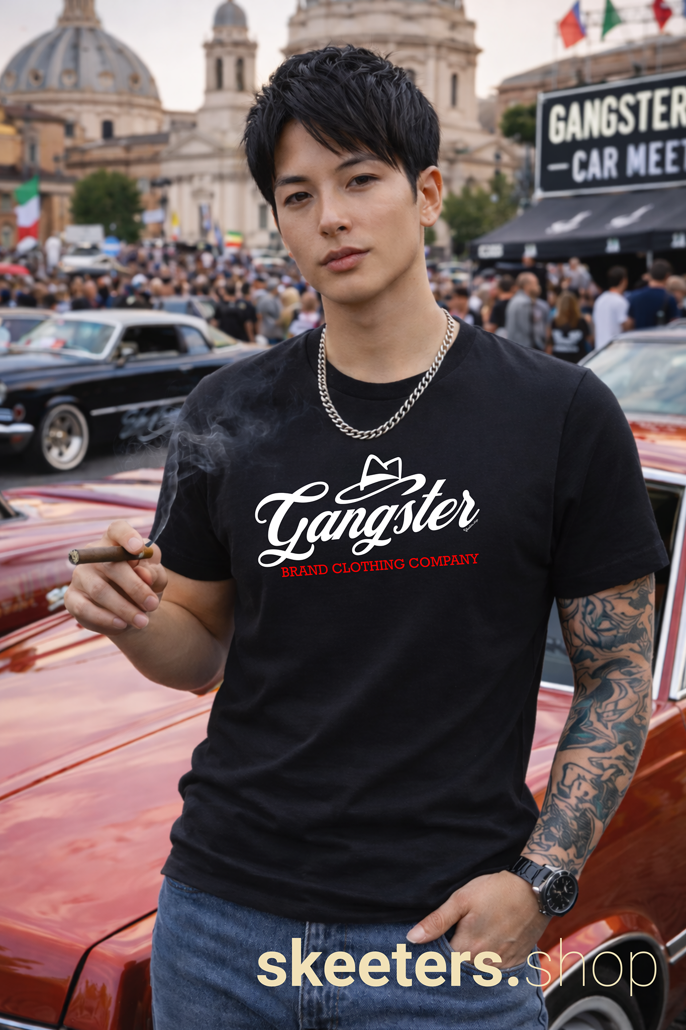 Gangster Brand Clothing Co. Graphic Tee — Script Logo Retro Hat T-Shirt