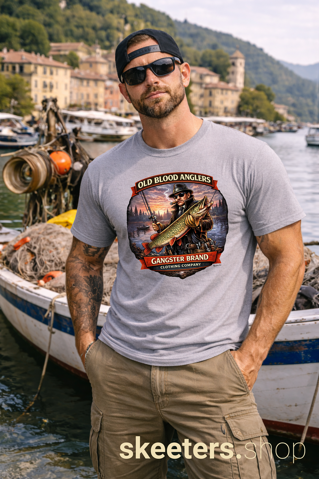 Fishing T-Shirt — "Old Blood Anglers" Vintage Gangster Brand Pike Design