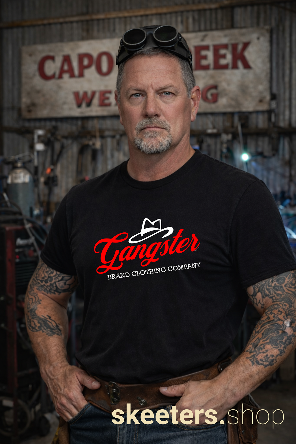 Gangster Script Tee — Retro Hat Logo T-Shirt