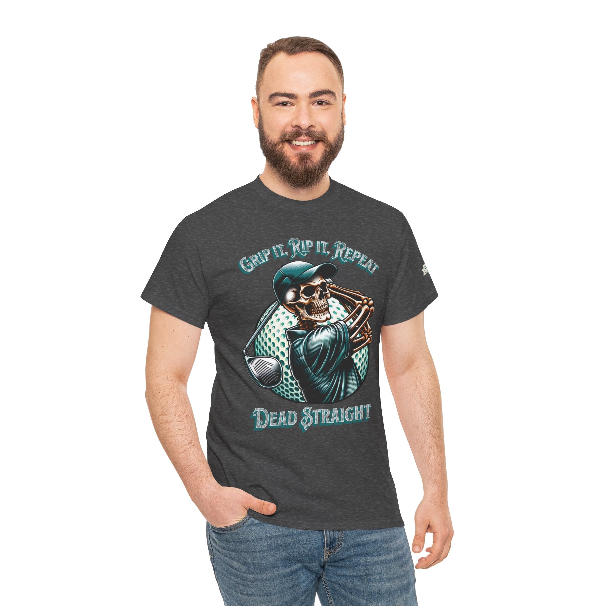 Skeleton Golf Tee — "Dead Straight, Grip It, Rip It, Repeat" Graphic T-Shirt