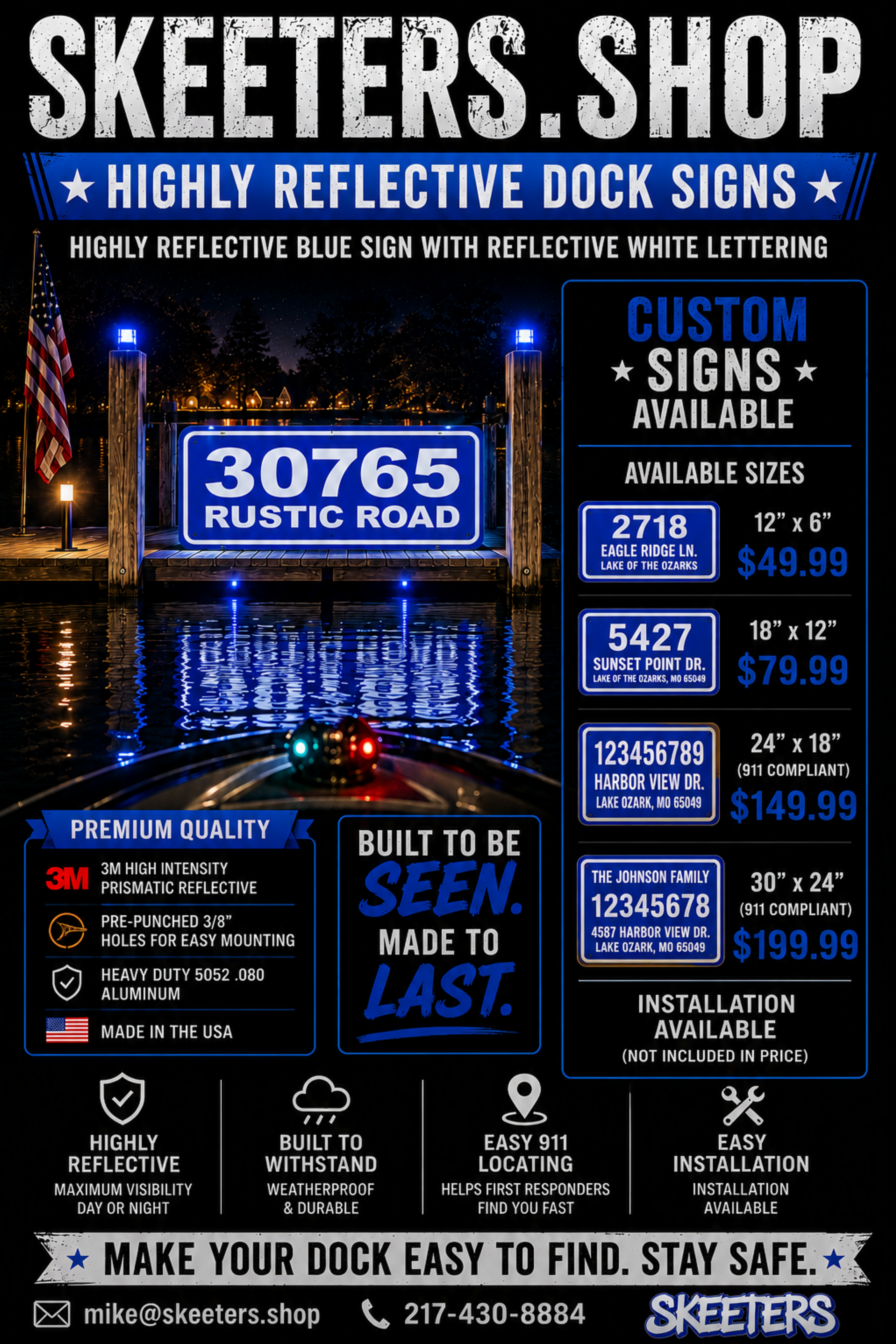 HIGHLY RELFECTIVE BLUE DOCK SIGNS
