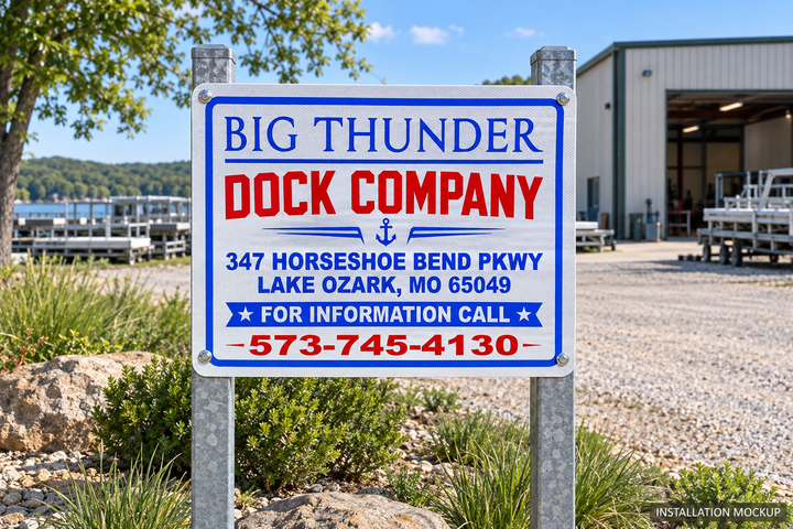 Big Thunder Dock Company — Reflective business sign shown on outdoor posts at a dock company yard.