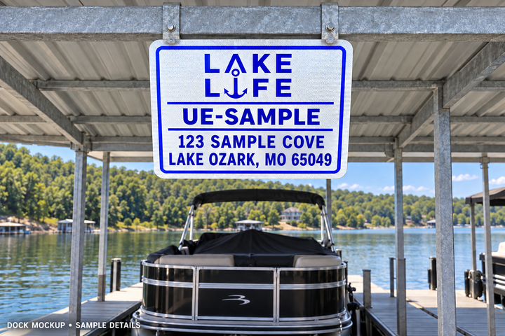 Blue Lake Life · Dock Identification — A personalized identification layout, shown with sample details.