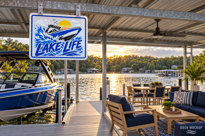 Blue Speedboat · Lake Life — Blue reflective artwork beside an upscale dock patio.