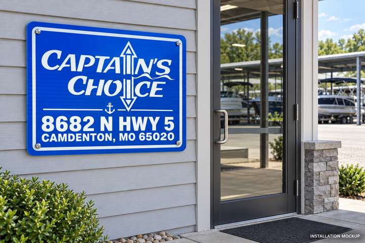 Captain’s Choice — Blue business sign shown mounted beside a building entrance.