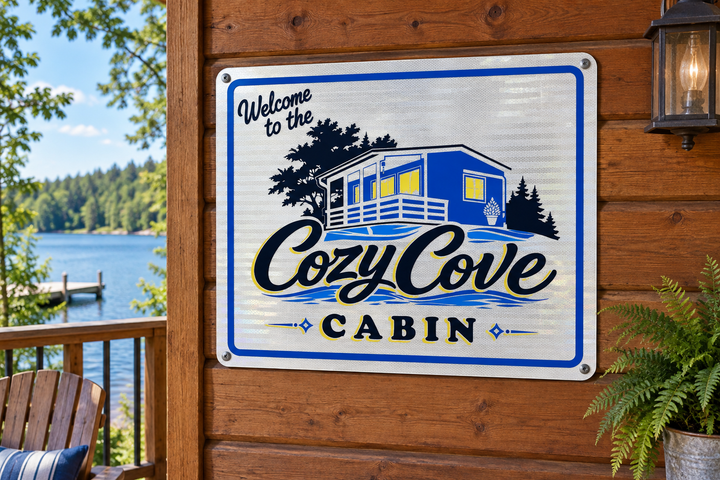 Cozy Cove Cabin — Blue, black and yellow cabin artwork on a reflective silver background.