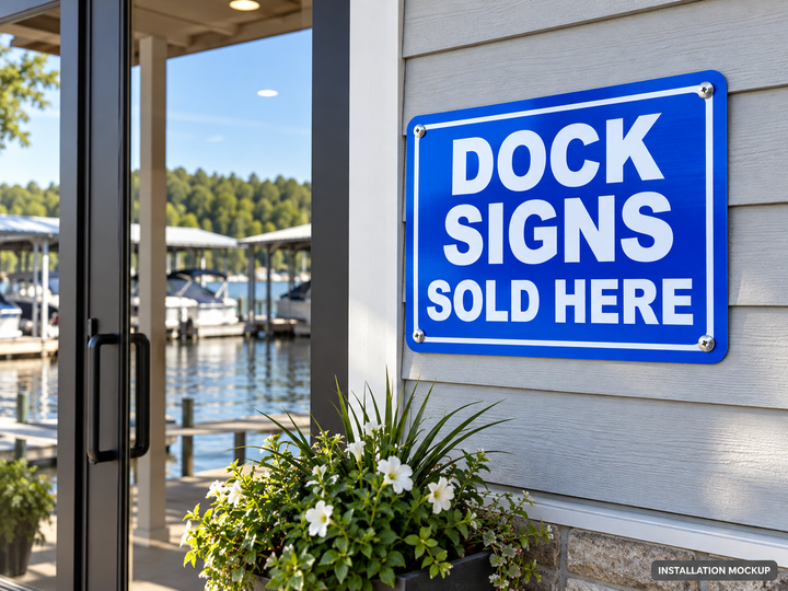 Dock Signs Sold Here — Dealer sign shown beside a marina office entrance.