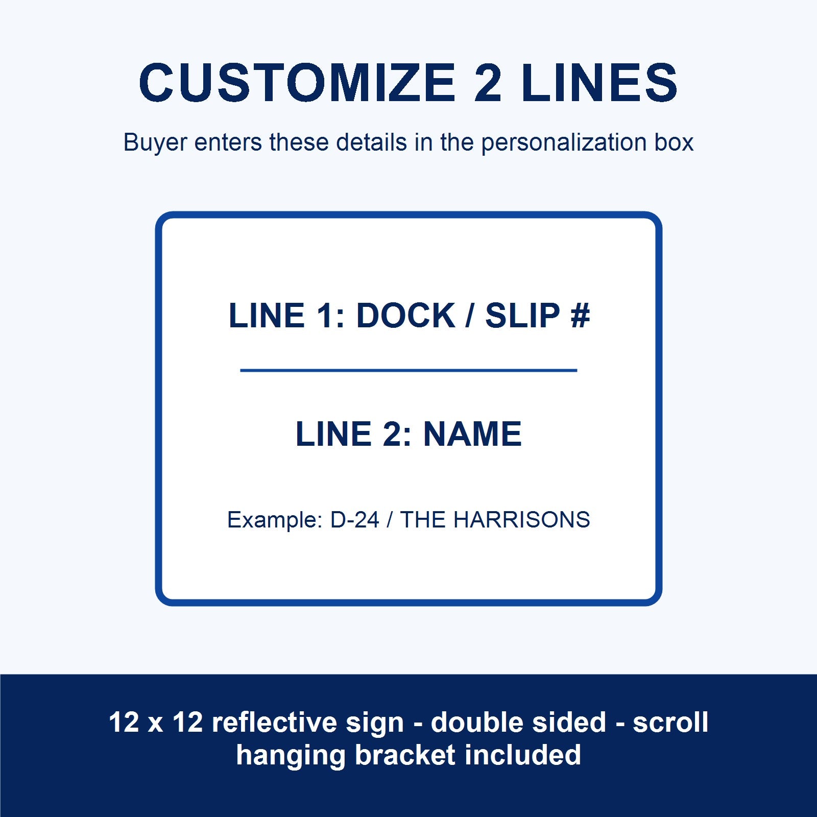 Custom Reflective Dock Slip Sign - 12 x 12 with Scroll Bracket