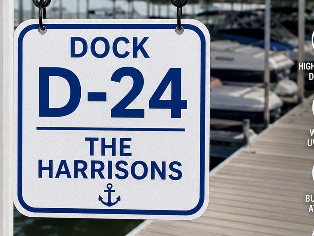 Custom Reflective Dock Slip Sign - 12 x 12 with Scroll Bracket