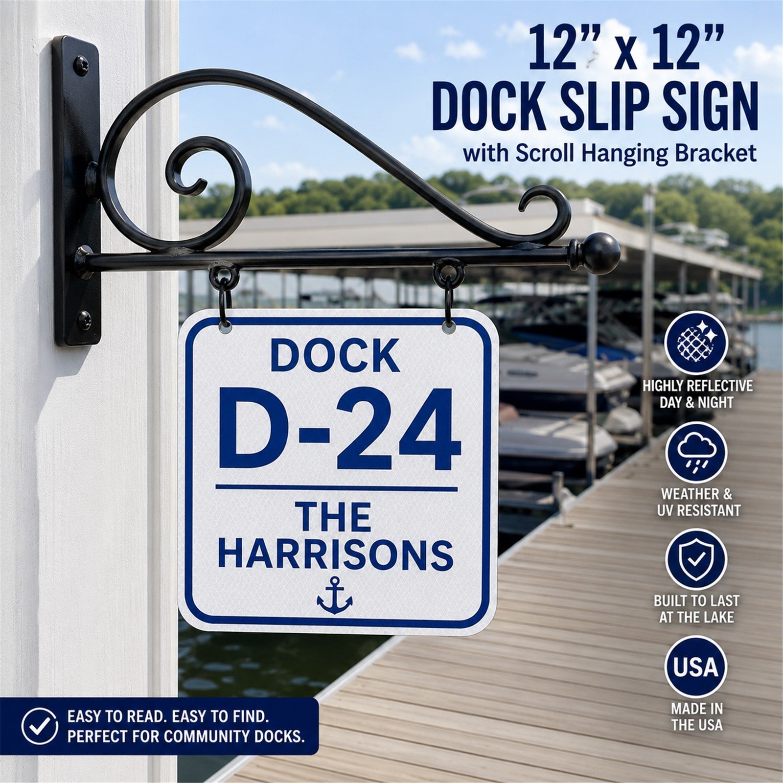 Custom Reflective Dock Slip Sign - 12 x 12 with Scroll Bracket