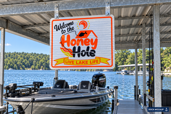 Welcome to the Honey Hole — Orange and yellow artwork for a favorite fishing spot.