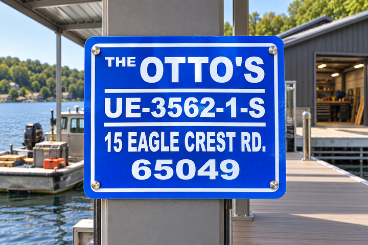 The Otto’s · Dock Identification — A blue family identification sign shown on a premium dock beside a waterfront construction workshop.