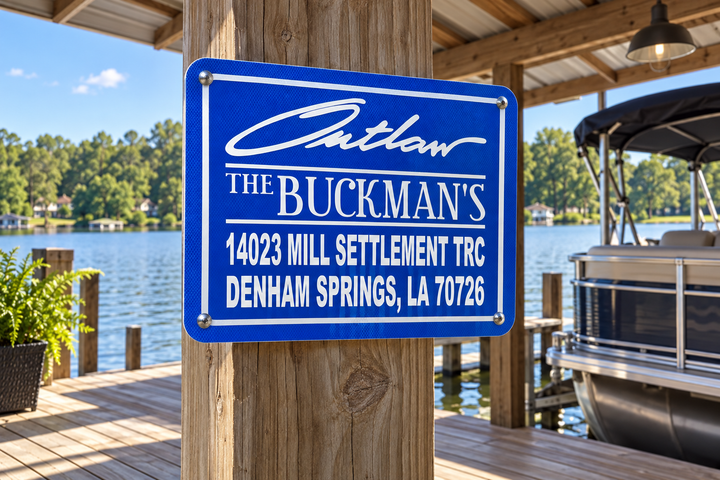 Outlaw · The Buckman’s — Signature-style lettering and a family name on a blue reflective sign.