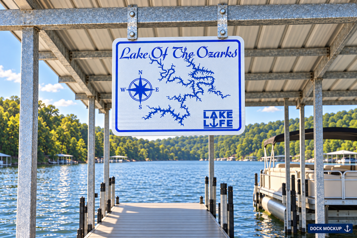 Lake of the Ozarks Map — Blue shoreline and compass artwork inspired by the lake.
