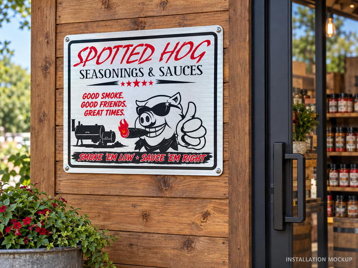 Spotted Hog Seasonings & Sauces — Full-color business sign shown beside a shop entrance.