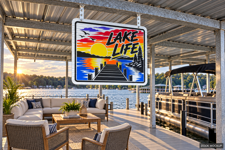 Sunset Lake Life — A colorful sunset design on a covered dock with a patio lounge.