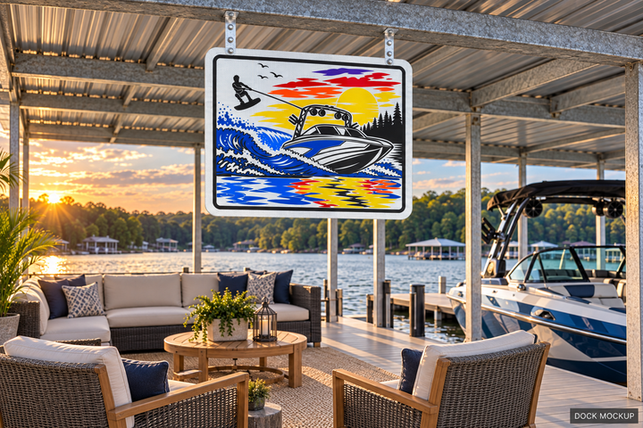 Speedboat & Watersports — A sunset watersports design beside a furnished boat-dock patio.