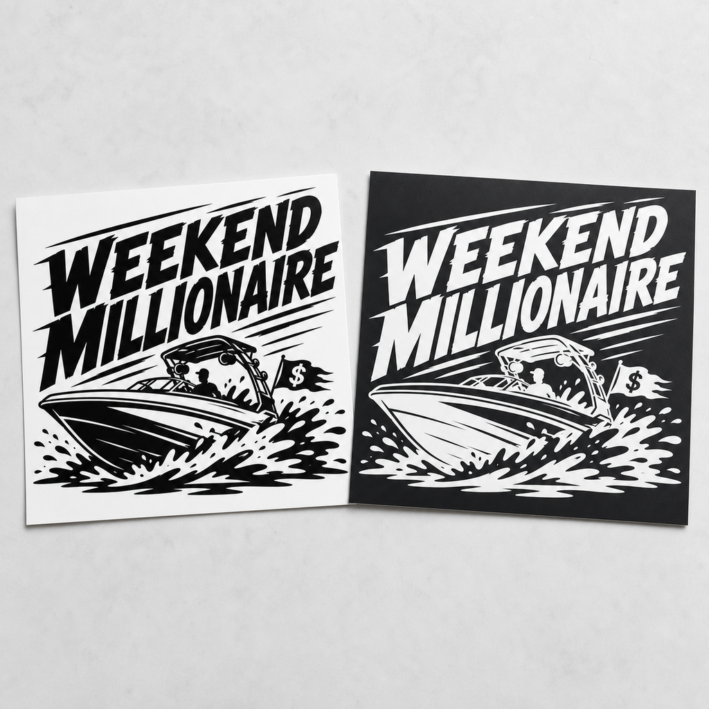Weekend Millionaire vinyl decal shown in black and white color options