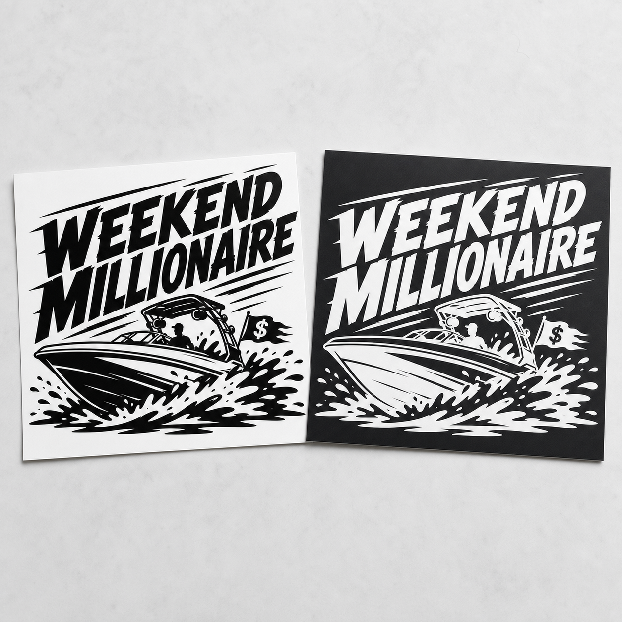 Weekend Millionaire vinyl decal shown in black and white color options