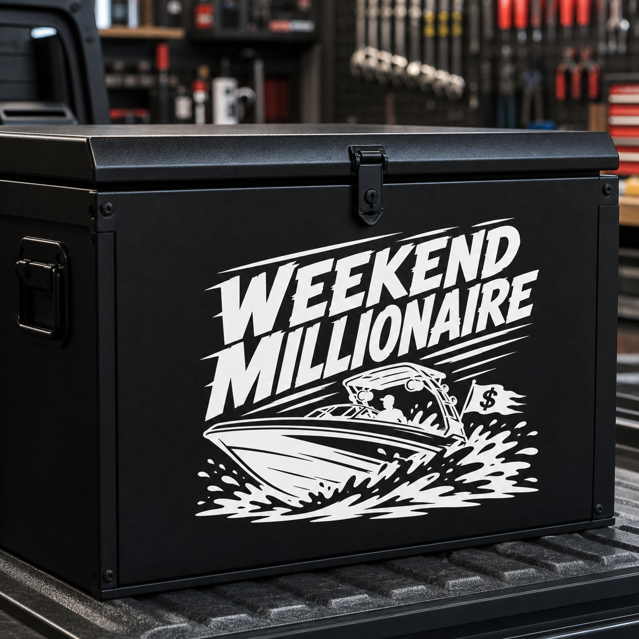 Weekend Millionaire white vinyl decal on a black metal toolbox