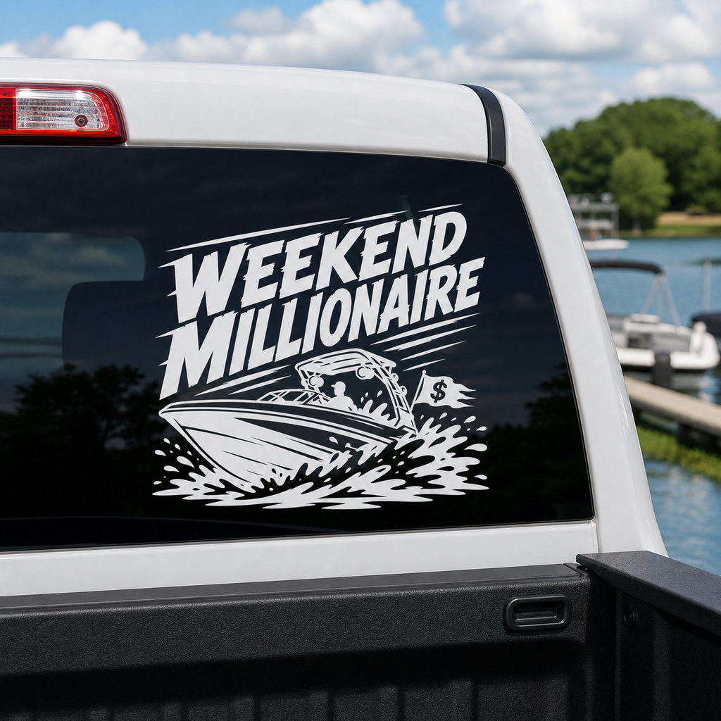 Weekend Millionaire white vinyl decal on a truck rear window near a lake