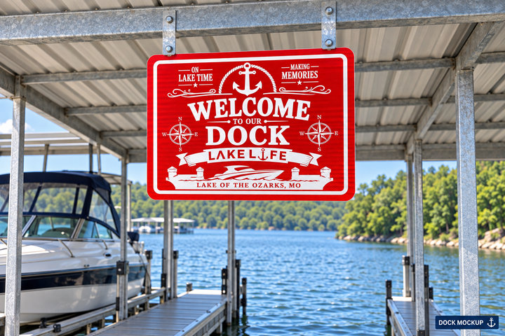 Welcome to Our Dock — Classic red and white nautical artwork.