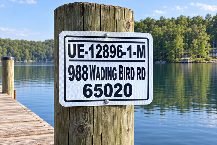 White Reflective Dock ID — A clean white reflective sign with bold black identification, shown on a timber dock post.